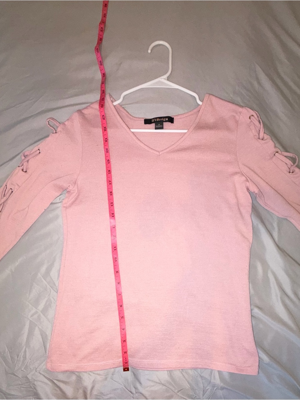 BYdesign Pink Lace-Up Sleeve Knit Top | Medium | V-Neck 3/4 Sleeve - Picture 5 of 5